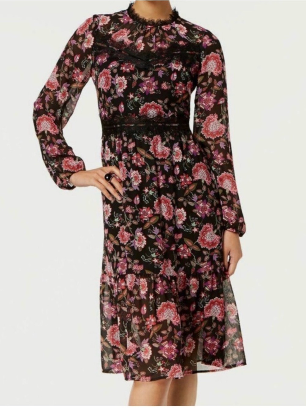 Ninewest Black and Pink Floral Long-Sleeve Dress - Picture 2 of 6